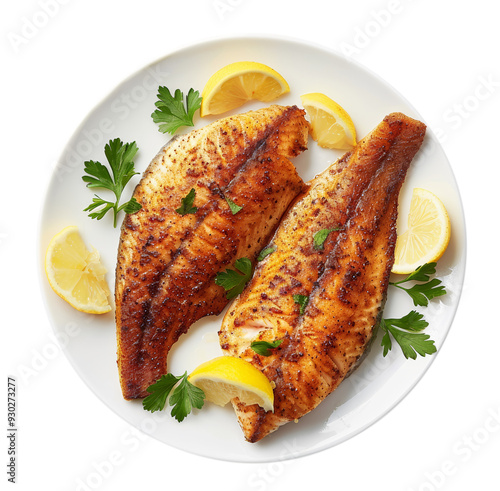 Blackened cajun catfish fillet with lemon slices isolated on a transparent background 