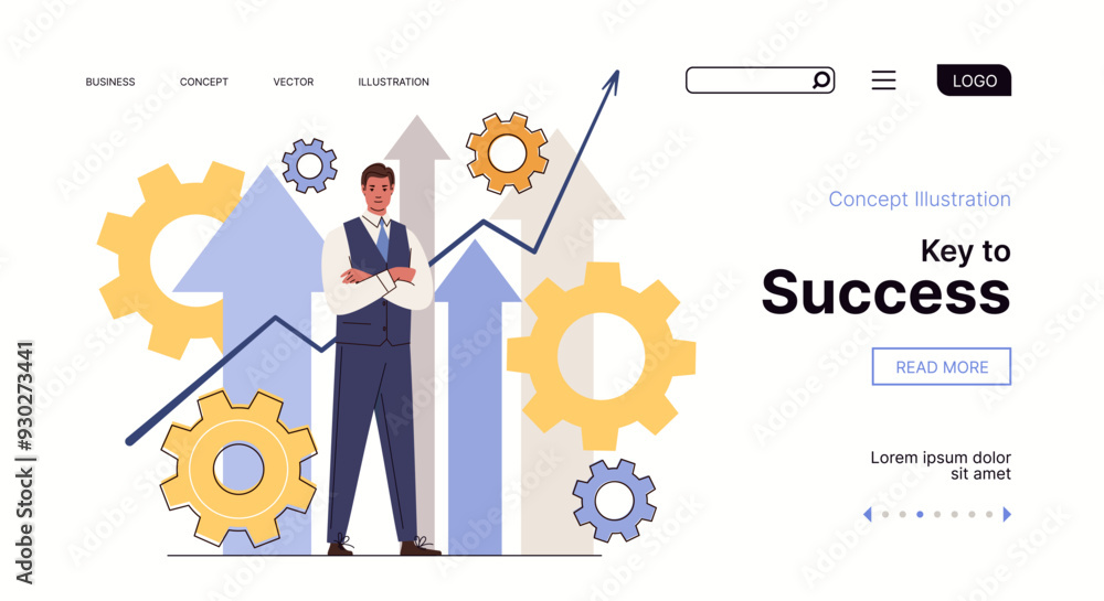 Businessman is standing background of growing graph, arrows are rushing up. Career concept, startup success, leadership. Website, template, landing page. Vector characters flat cartoon Businessman is standing background of growing graph, arrows are rushing up. Career concept, startup success, leadership. Website, template, landing page. Vector characters flat cartoon