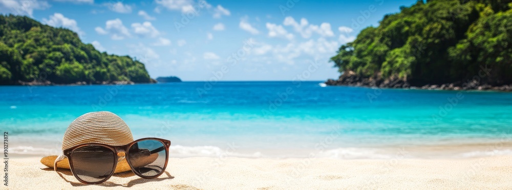 Palm trees and sunshine on tropical sand are depicted in this beach bag Palm trees and sunshine on tropical sand are depicted in this beach bag