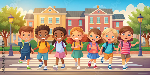 back to school background with kids on street