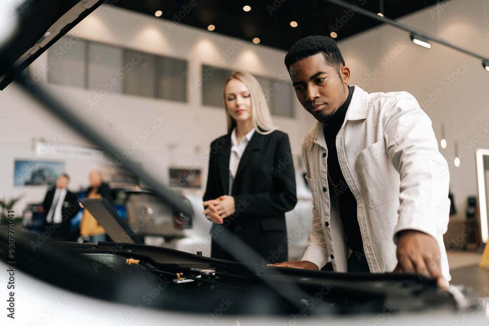 Low-angle view of automobile saleswoman demonstrating serious black customer car engine under motor hood. Manger and buyer looking at auto parts and talking. Buying and selling vehicles concept. Low-angle view of automobile saleswoman demonstrating serious black customer car engine under motor hood. Manger and buyer looking at auto parts and talking. Buying and selling vehicles concept.
