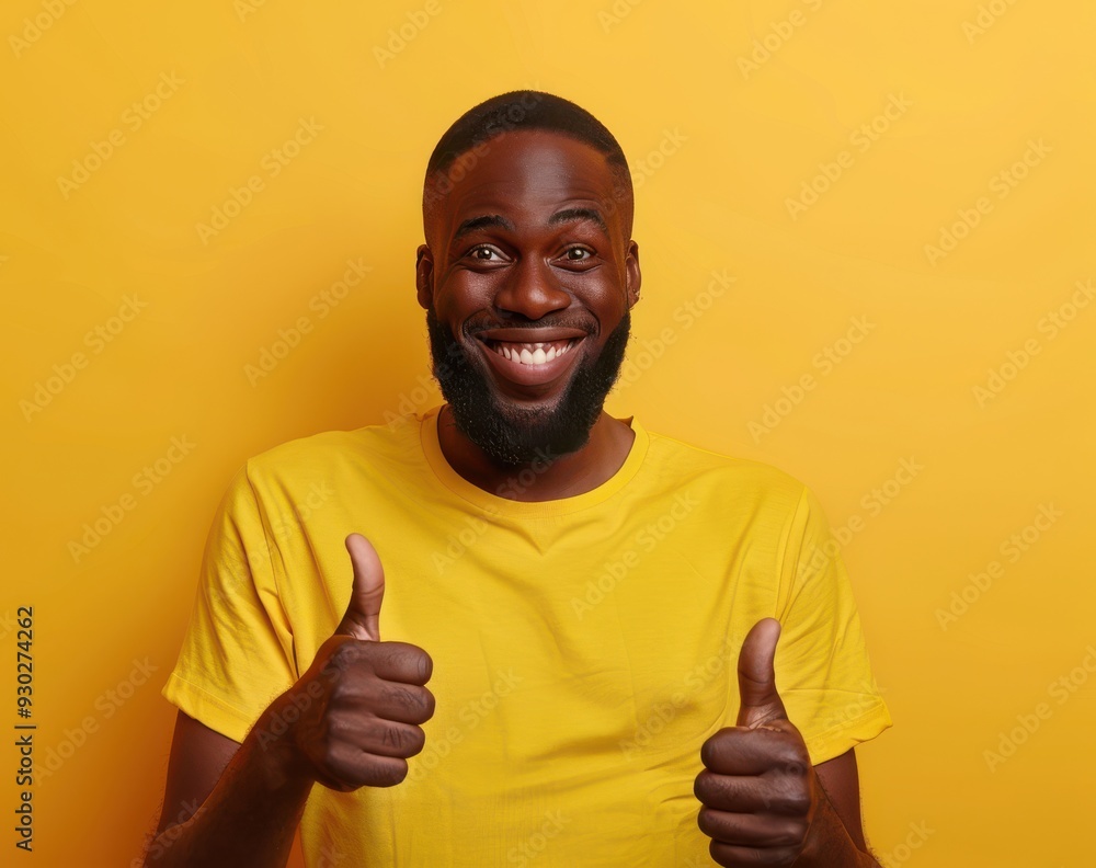 Happy African American man in casual attire, pointing at camera, showing thumbs up, yellow background. Happy African American man in casual attire, pointing at camera, showing thumbs up, yellow background.