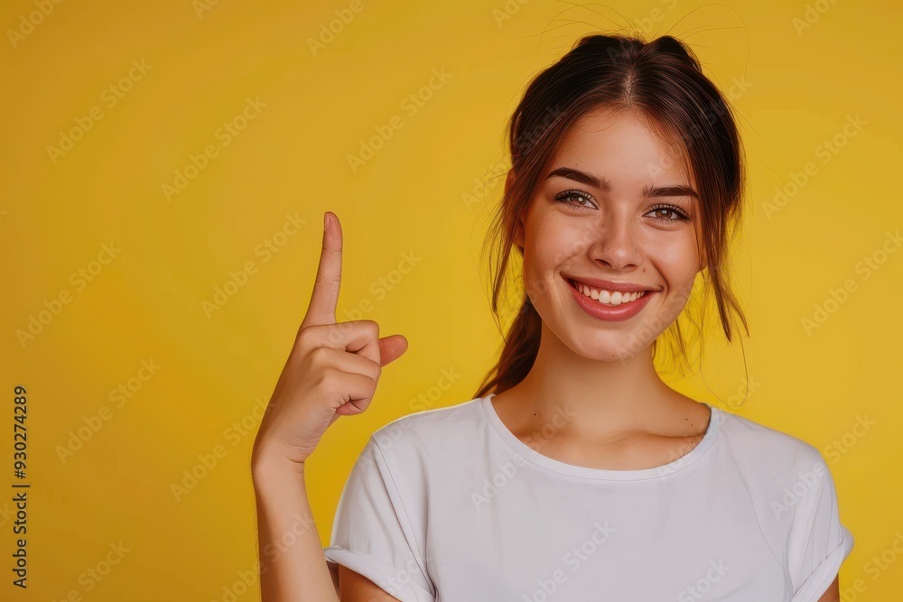 Young woman smiling, pointing to the side, isolated on yellow background with copy space. Young woman smiling, pointing to the side, isolated on yellow background with copy space.
