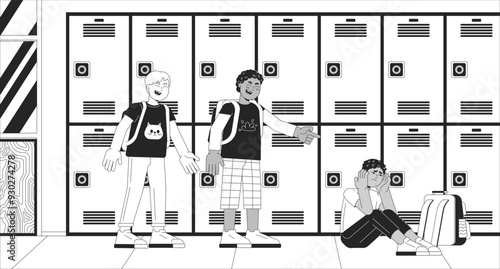 Bullying in elementary school black and white line illustration. Diverse schoolboys bullies and depressed boy victim 2D characters monochrome background. Humiliation racism kids outline vector image