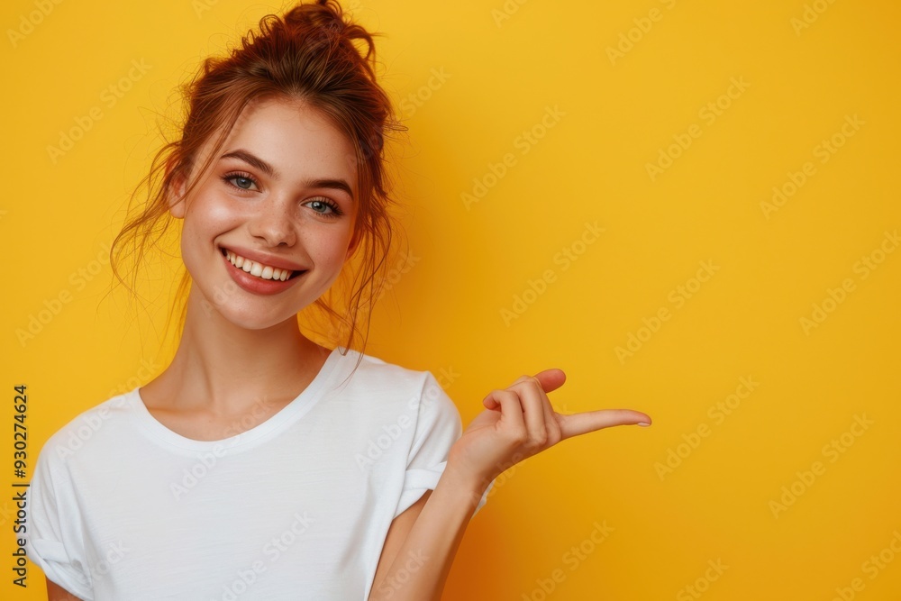 Young woman smiling, pointing to the side, isolated on yellow background with copy space. Young woman smiling, pointing to the side, isolated on yellow background with copy space.