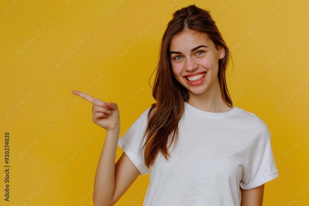 Young woman smiling, pointing to the side, isolated on yellow background with copy space. Young woman smiling, pointing to the side, isolated on yellow background with copy space.