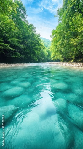 A flowing river with crystal clear water, surrounded by dense greenery, creating a refreshing and vibrant scene