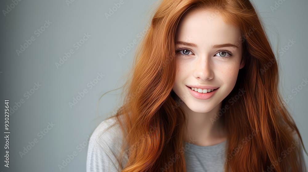 Portrait of a smiling cheerful teenage girl with long red hair and perfect skin, gray background, banner. Portrait of a smiling cheerful teenage girl with long red hair and perfect skin, gray background, banner.