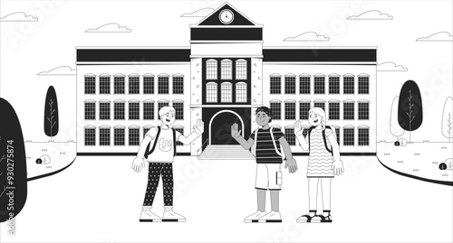 Meeting with school friends black and white line illustration. Hi waving schoolkids diverse schoolmates 2D characters monochrome background. First day of school schoolyard outline vector image
