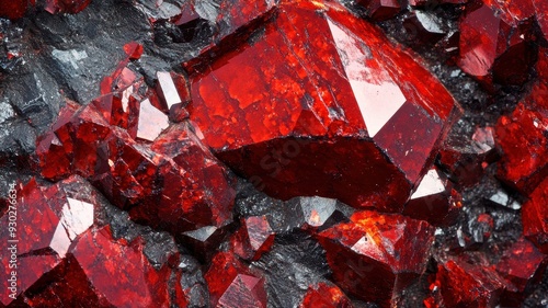 Close-up of cinnabar crystal revealing its intense red color and intricate geometric formations photo