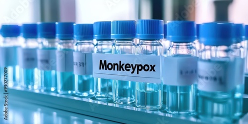 Medical test tubes labeled with monkeypox virus in a laboratory environment