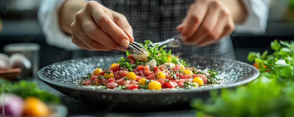 A food blogger styling a dish for a photoshoot, carefully arranging garnishes and props to create the perfect shot, Food styling for blogging, artistic and detailed A food blogger styling a dish for a photoshoot, carefully arranging garnishes and props to create the perfect shot, Food styling for blogging, artistic and detailed
