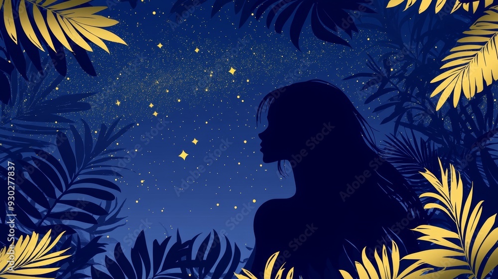 There is a full moon in the distance as this illustration depicts a serene woman enjoying a tropical night in the tropical atmosphere There is a full moon in the distance as this illustration depicts a serene woman enjoying a tropical night in the tropical atmosphere