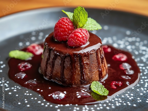 A gourmet chocolate fondant with a molten center, served with a raspberry coulis and mint leaves, Gourmet chocolate dessert, decadent presentation