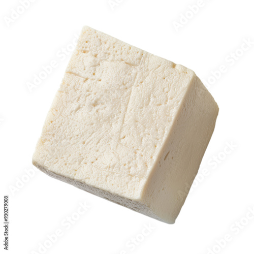 Top view of a single tofu cube with a firm transparent texture, isolated on a transparent background 