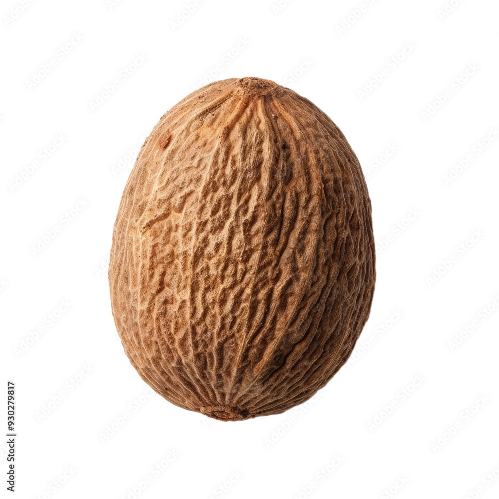 Top view of a whole brown nutmeg seed with a textured surface, isolated on a transparent background Top view of a whole brown nutmeg seed with a textured surface, isolated on a transparent background