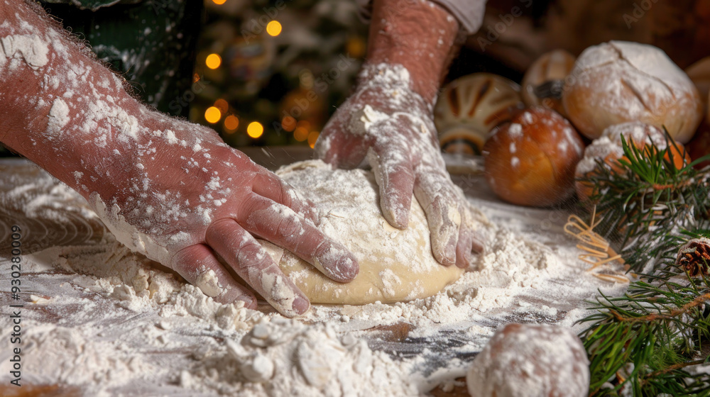Fototapeta premium Hands kneading dough on a floured surface, capturing the process of bread making from scratch