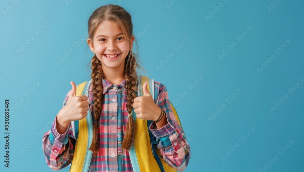 Happy schoolgirl with glasses and backpack, thumbs up, blue background, copy space. Happy schoolgirl with glasses and backpack, thumbs up, blue background, copy space.