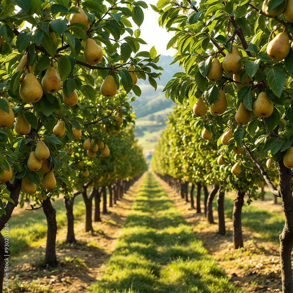 Fototapeta premium Orchard with Rows of Pear Trees on a Sunny Day