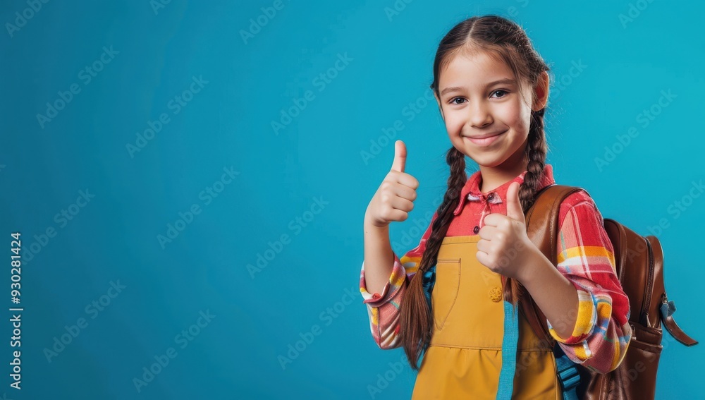 Happy schoolgirl with glasses and backpack, thumbs up, blue background, copy space. Happy schoolgirl with glasses and backpack, thumbs up, blue background, copy space.