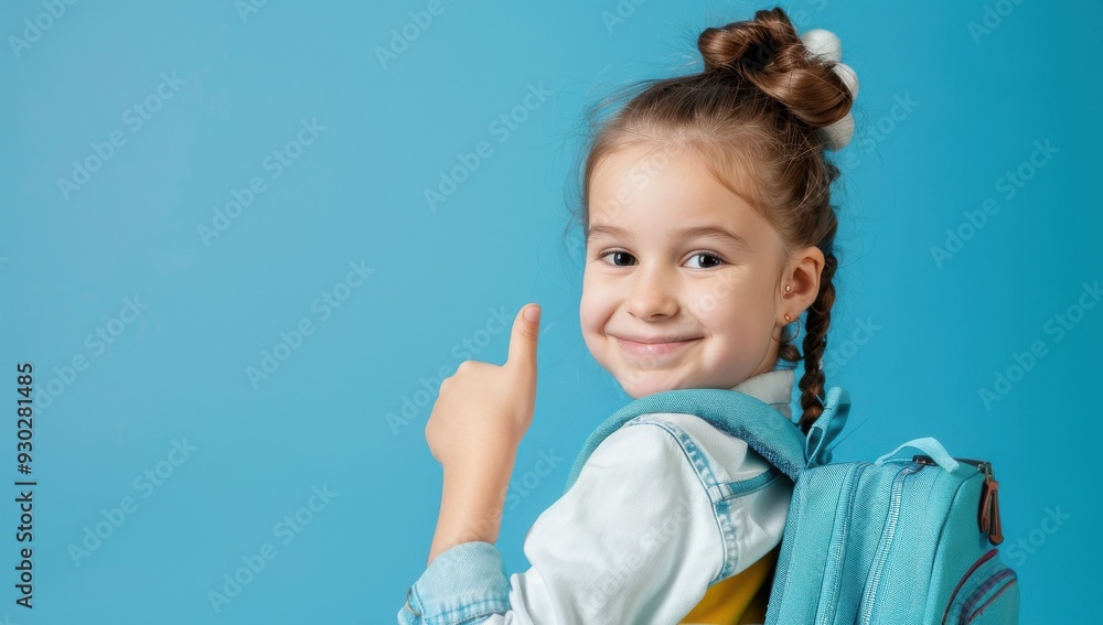 Happy schoolgirl with glasses and backpack, thumbs up, blue background, copy space. Happy schoolgirl with glasses and backpack, thumbs up, blue background, copy space.