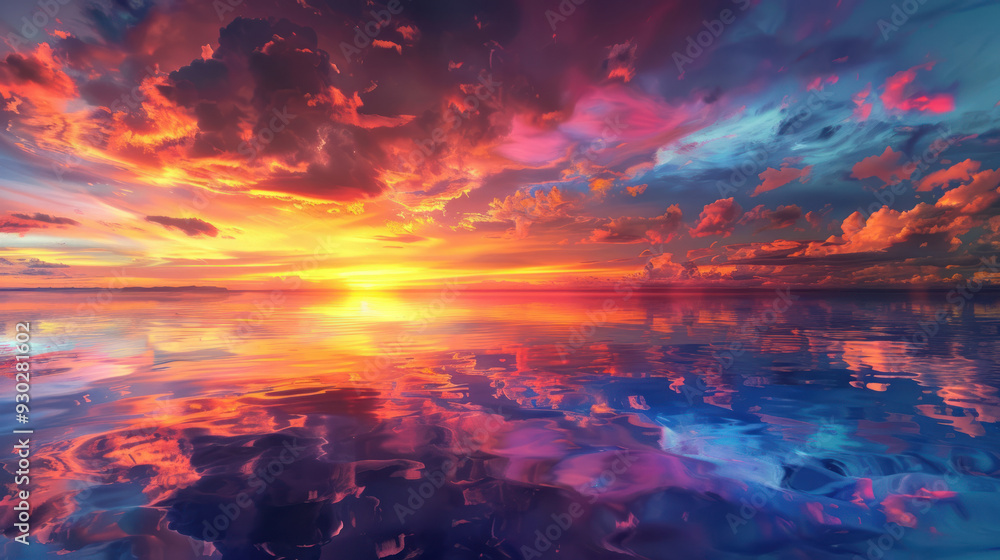 Panoramic view of a sunset over the ocean, with vibrant colors reflecting on the water Panoramic view of a sunset over the ocean, with vibrant colors reflecting on the water