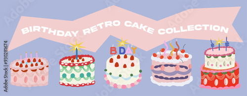 Retro cakes collection for birthday, wedding, valentine's day and other holiday. Vintage cream cake collection with decorations. Fruit cakes with cream and birthday candles