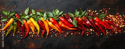 A selection of vibrant Asian chili peppers, including bird s eye chili, Thai chili, and dried red chilies, arranged on a dark background, Asian chili peppers, spicy and intense photo