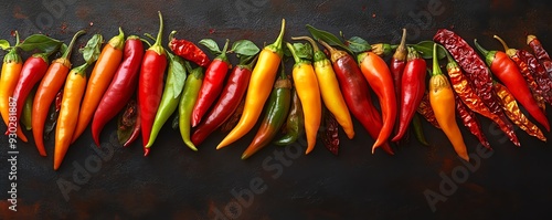 A selection of vibrant Asian chili peppers, including bird s eye chili, Thai chili, and dried red chilies, arranged on a dark background, Asian chili peppers, spicy and intense photo