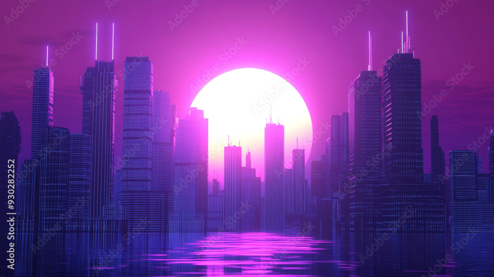 A deep blue neon night in a cyberpunk city, featuring a futuristic cityscape with vibrant neon lights. The scene showcases silhouettes of towering skyscrapers set against a purple sunset sky, creating A deep blue neon night in a cyberpunk city, featuring a futuristic cityscape with vibrant neon lights. The scene showcases silhouettes of towering skyscrapers set against a purple sunset sky, creating