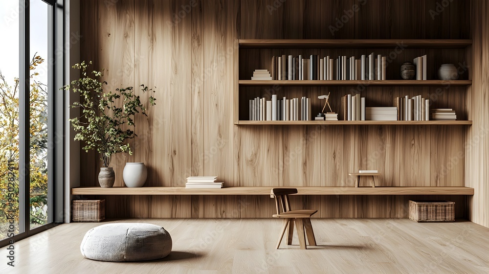 Minimalist Wooden Bookshelf Wall with Natural Grain Finish Showcasing Organic Simplicity and Beauty Minimalist Wooden Bookshelf Wall with Natural Grain Finish Showcasing Organic Simplicity and Beauty