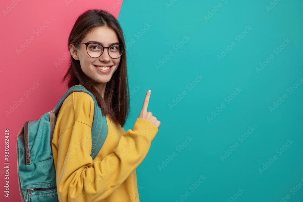 Young student woman pointing at side, backpack, happy, pastel background, copy space, detailed. Young student woman pointing at side, backpack, happy, pastel background, copy space, detailed.