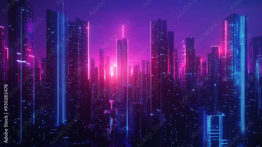 A deep blue neon night in a cyberpunk city, featuring a futuristic cityscape with vibrant neon lights. The scene showcases silhouettes of towering skyscrapers set against a purple sunset sky, creating A deep blue neon night in a cyberpunk city, featuring a futuristic cityscape with vibrant neon lights. The scene showcases silhouettes of towering skyscrapers set against a purple sunset sky, creating