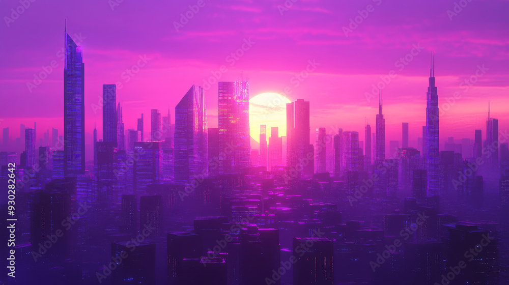 A deep blue neon night in a cyberpunk city, featuring a futuristic cityscape with vibrant neon lights. The scene showcases silhouettes of towering skyscrapers set against a purple sunset sky, creating A deep blue neon night in a cyberpunk city, featuring a futuristic cityscape with vibrant neon lights. The scene showcases silhouettes of towering skyscrapers set against a purple sunset sky, creating