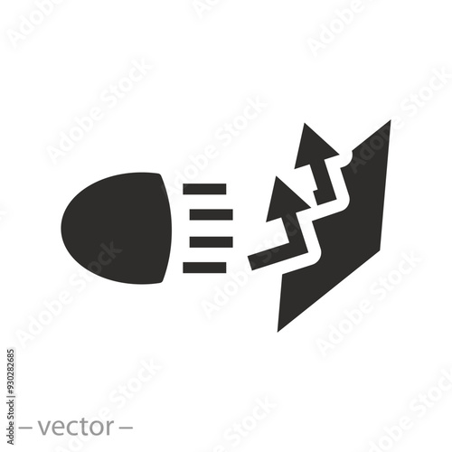 anti ray from headlight car icon, light reflection, mirror surface property, night or dark safety, reflector glow material, flat vector illustration