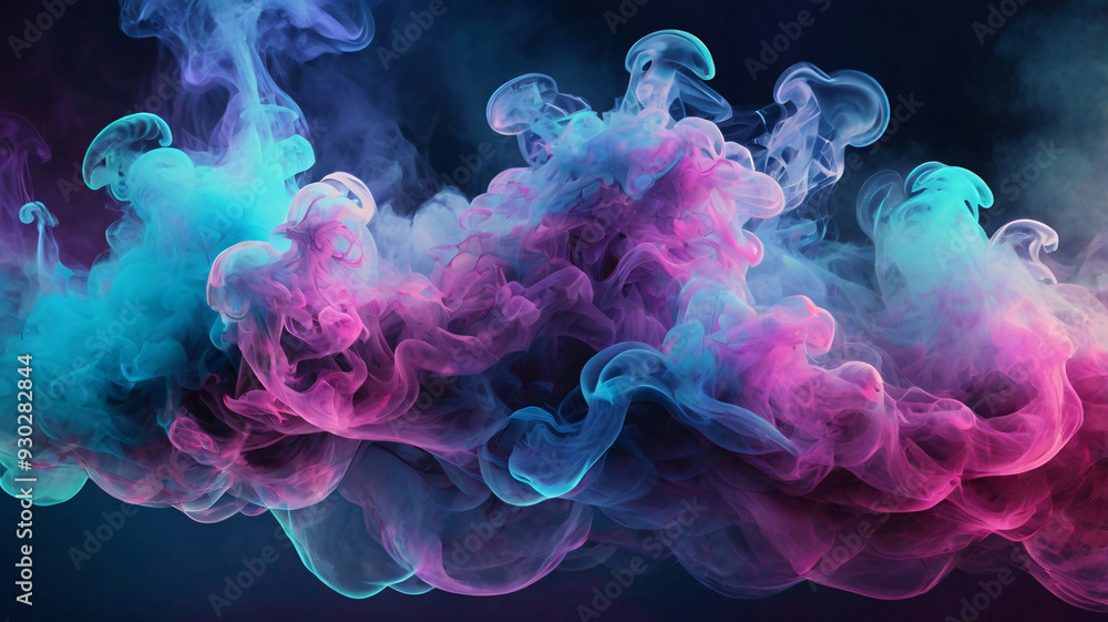 Neon blue and purple smoke puff clouds on a dark background. Neon blue and purple smoke puff clouds on a dark background.