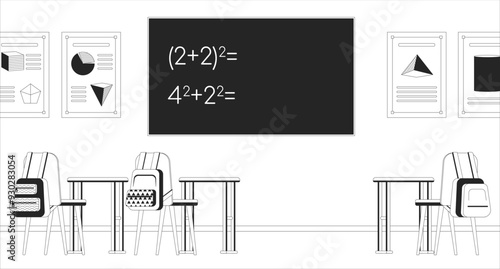 Math classroom black and white line illustration. Equation blackboard, desks. Mathematics class middle school 2D interior monochrome background. Geometry algebra study room outline vector image