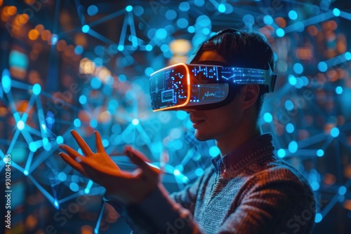 Man Experiencing Virtual Reality with Futuristic Headset