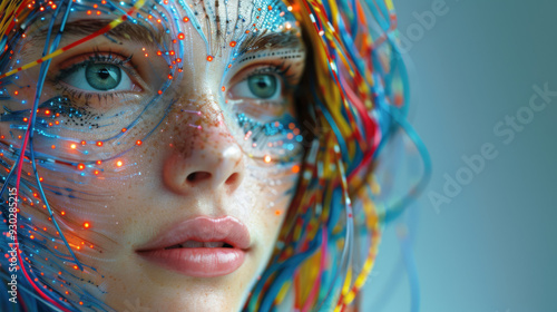 cyborg, futuristic, fullshot, upperbody, surrealistic, rainbow-color, cyborg head, human head, flashy, gorgeous, strong colors, attractive, woman brain have a lot of cables and wires, photorealistic,  photo