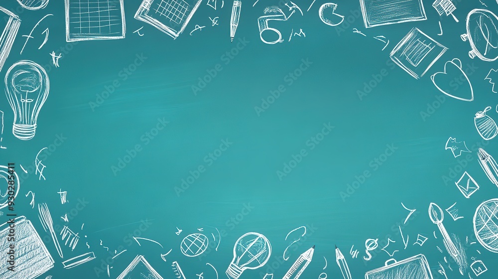 Energetic Educational Theme with Teal Background, White Doodle School Icons, and Creative Learning Elements for Children's Classroom Decor Energetic Educational Theme with Teal Background, White Doodle School Icons, and Creative Learning Elements for Children's Classroom Decor