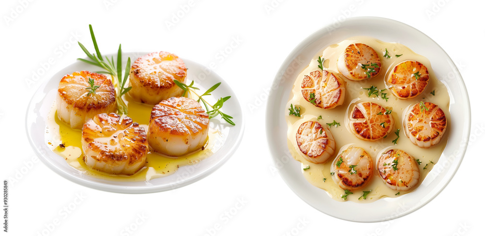 Two plates of pan-seared scallops garnished with fresh herbs and bathed in a buttery sauce, perfect for gourmet meals or festive dining Two plates of pan-seared scallops garnished with fresh herbs and bathed in a buttery sauce, perfect for gourmet meals or festive dining