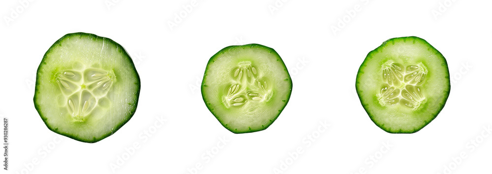 Three fresh cucumber slices isolated on a transparent background, perfect for summer salad recipes and healthy eating concepts Three fresh cucumber slices isolated on a transparent background, perfect for summer salad recipes and healthy eating concepts