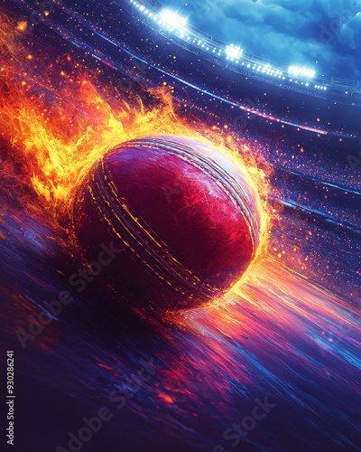 A fiery cricket ball in motion, symbolizing excitement and energy in sports. vibrant colors and dynamic background evoke sense of thrill.
