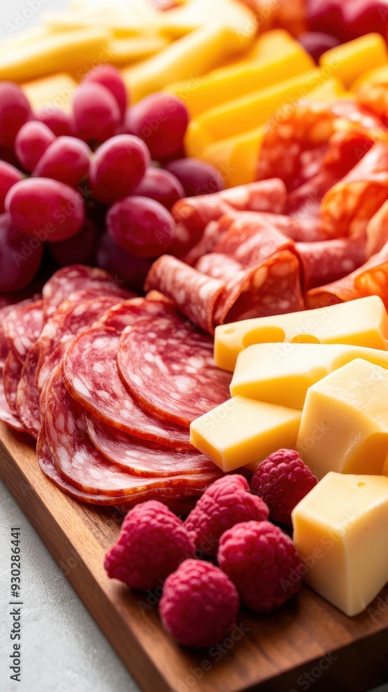 A close-up of a beautifully arranged charcuterie board featuring an assortment of cured meats, cheeses, and fresh fruits, with soft natural lighting highlighting the textures and colors A close-up of a beautifully arranged charcuterie board featuring an assortment of cured meats, cheeses, and fresh fruits, with soft natural lighting highlighting the textures and colors