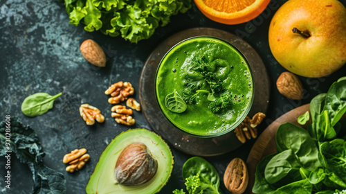 Green smoothie in a glass surrounded by fresh leafy greens, fruits, and nuts, perfect for a healthy eating concept