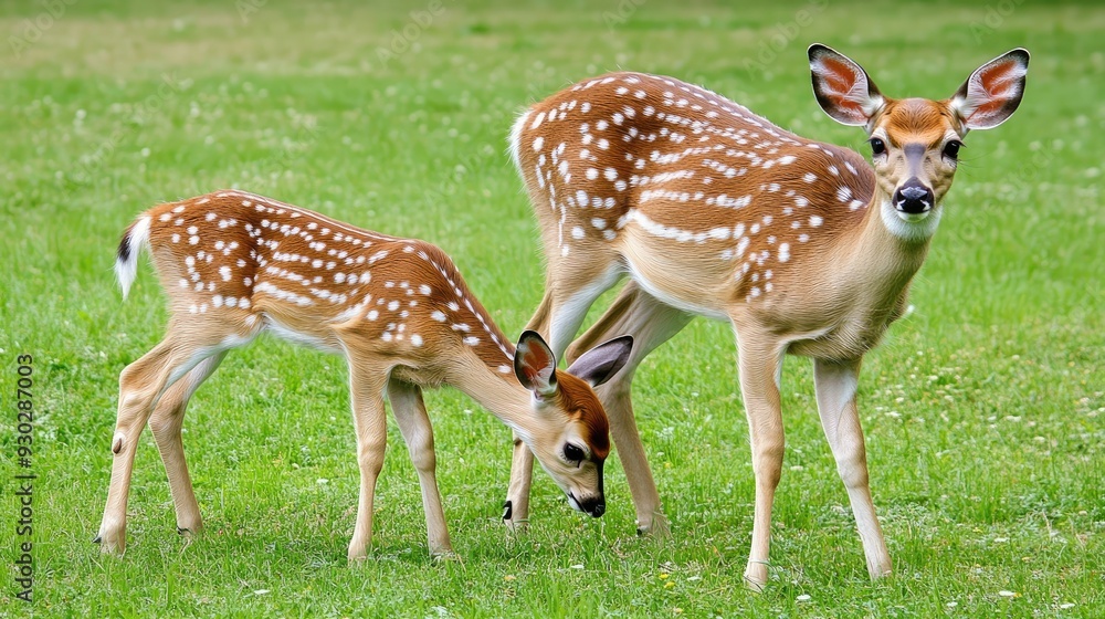 A mother white-tailed deer and her spotted fawn graze on lush greenery in a sunny meadow filled with colorful wildflowers during springtime A mother white-tailed deer and her spotted fawn graze on lush greenery in a sunny meadow filled with colorful wildflowers during springtime