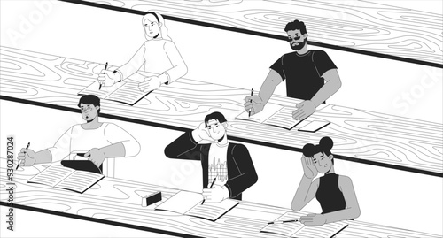 Lecture hall with students black and white line illustration. University graduate freshmen college life 2D characters monochrome background. Diverse audience auditorium outline vector image