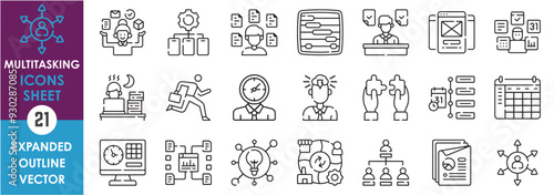 A set of line icons related to Multitasking. Task, job, multi-talent, skills, works, time, schedule, busy, tired, calendar, office, idea, and so on. Vector outline icons set.