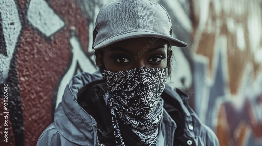 A person with a mask and cap poses confidently in front of a colorful graffiti mural in a city area. A person with a mask and cap poses confidently in front of a colorful graffiti mural in a city area.