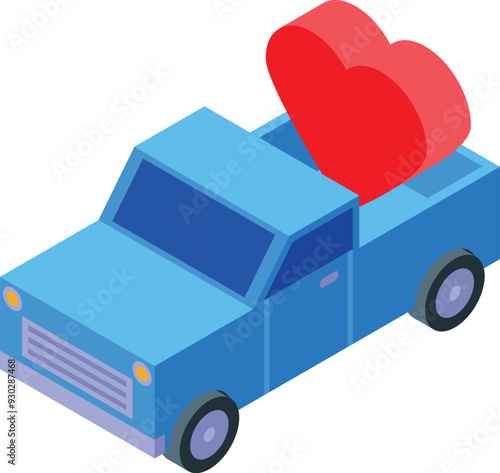 Blue pickup truck is carrying a big red heart, a symbol of love and affection, perfect for valentine's day projects